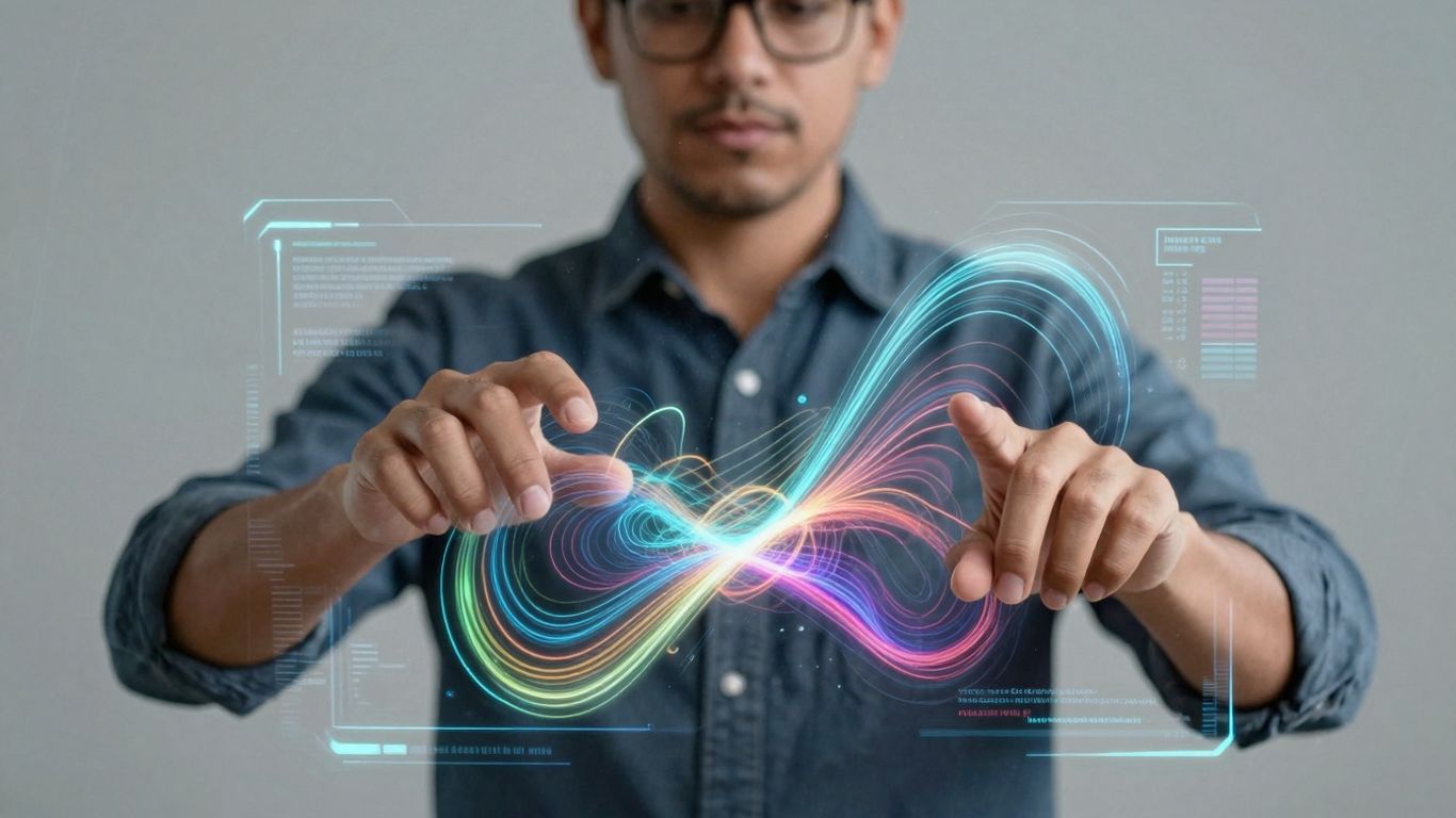 Person creating AI video on futuristic interface