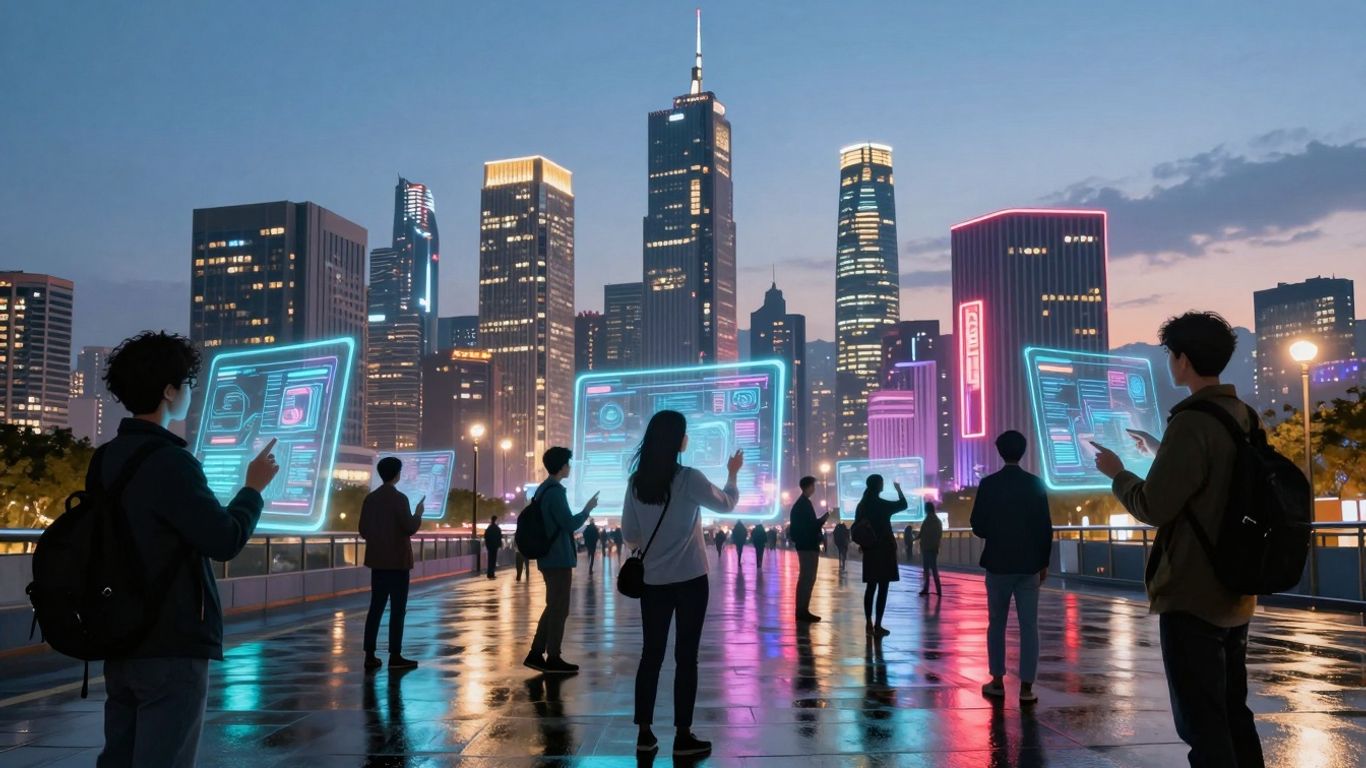 Futuristic cityscape with people using holographic interfaces.