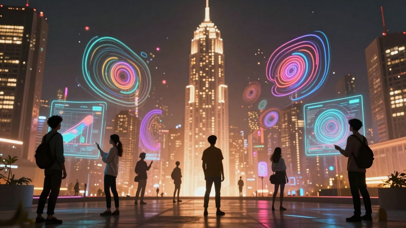 Futuristic cityscape with digital art and holographic projections.