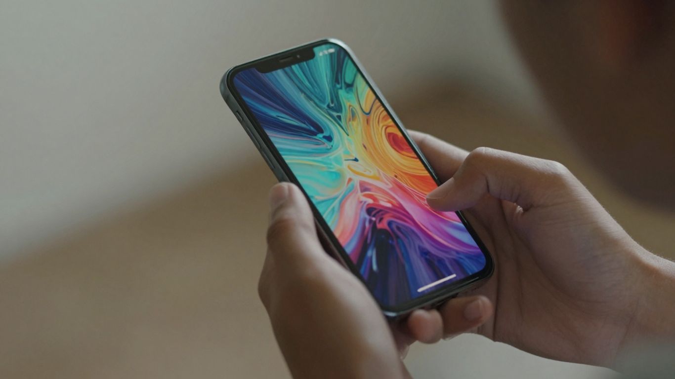 Hands holding smartphone with abstract digital art.