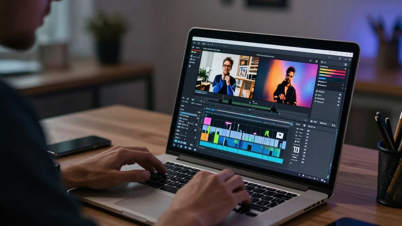 Faceless video creation tools on a laptop screen.