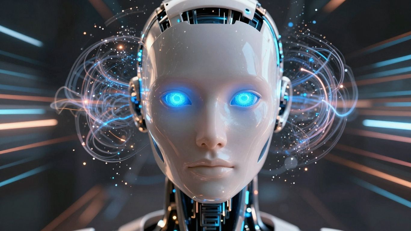 Faceless AI robot head with digital particles.