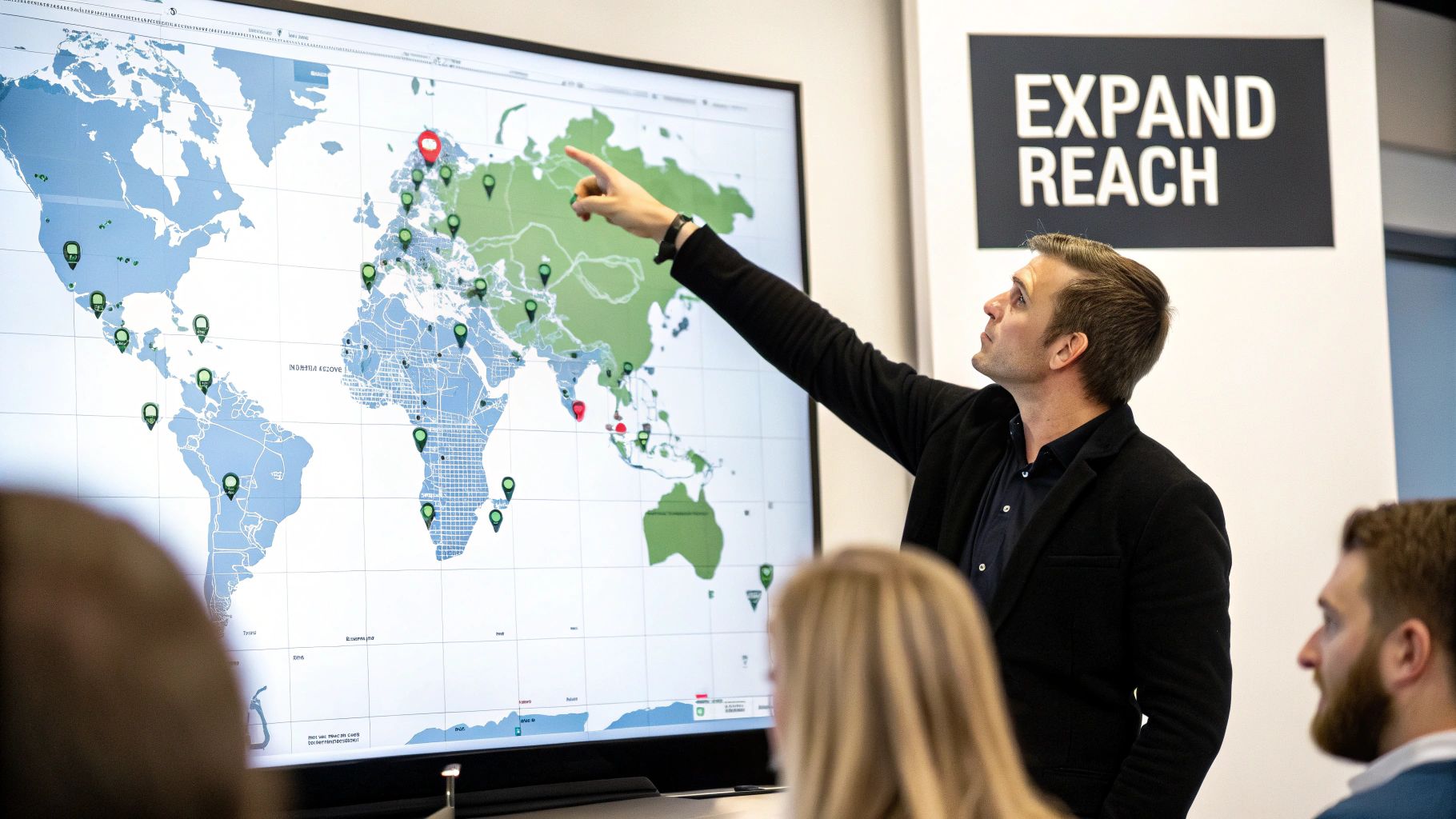 Man pointing at a large world map display with green and red location pins, discussing strategy.