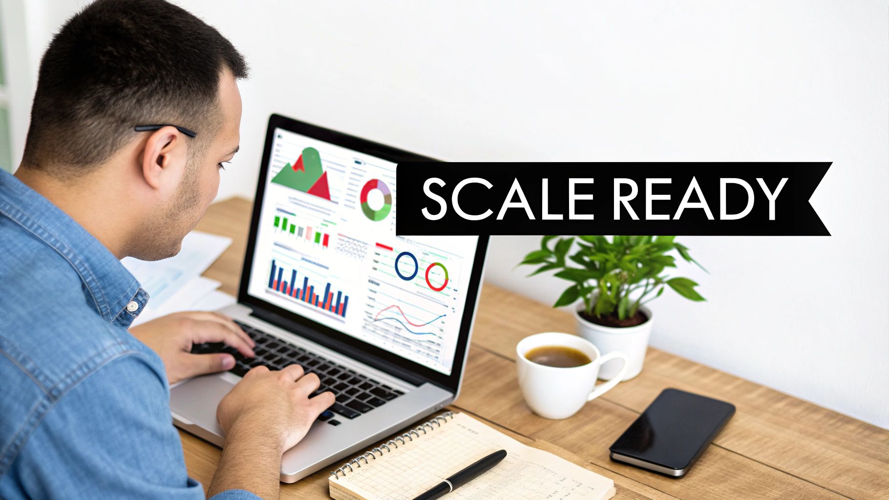 Man working on laptop with business charts, coffee, and plant on a wooden desk, banner says 'SCALE READY'.