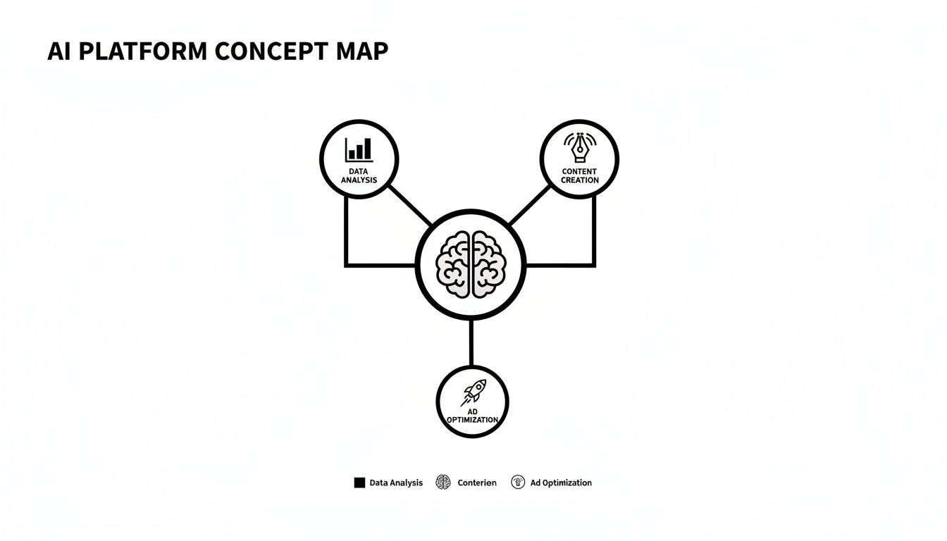 A concept map showing an AI platform's central brain connected to data analysis, content creation, and ad optimization.