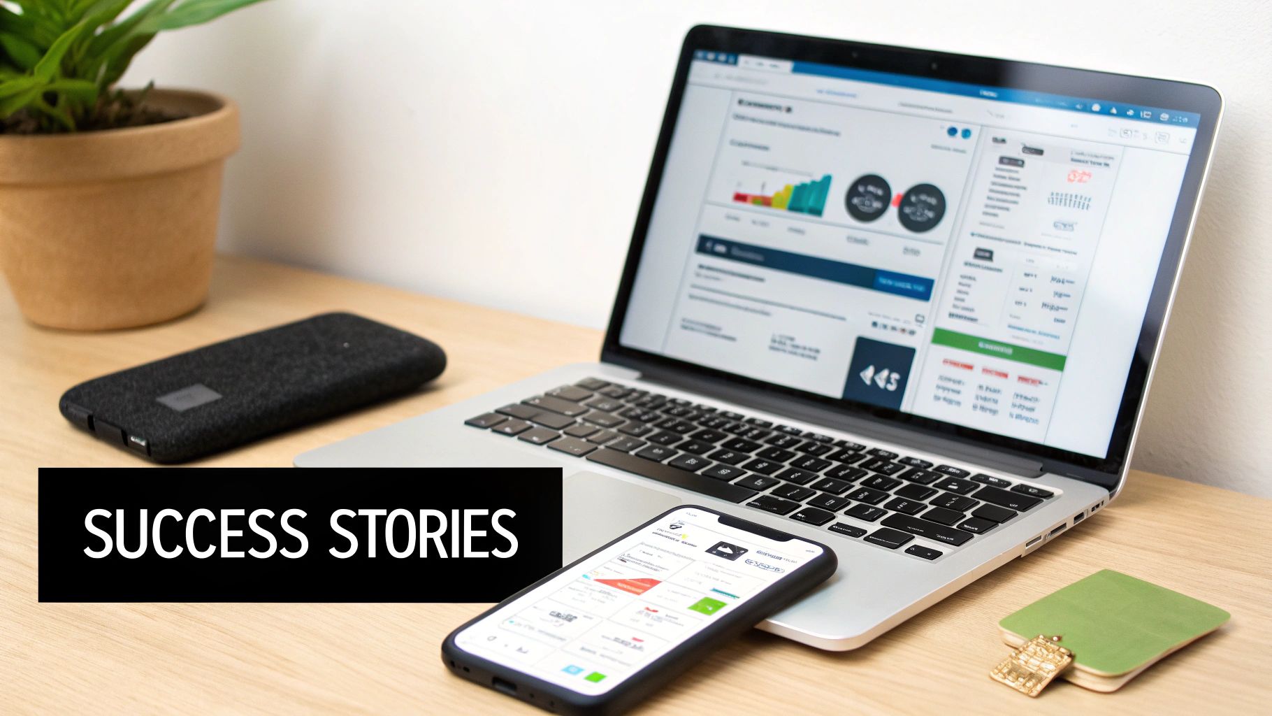 A desk with a laptop and smartphone displaying a data dashboard, symbolizing digital marketing success stories.