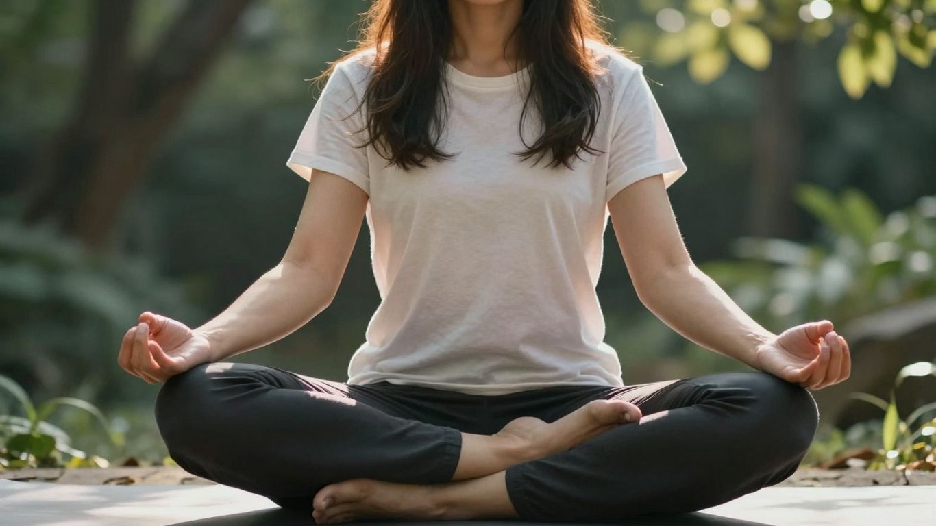 Person meditating outdoors in serene natural setting.