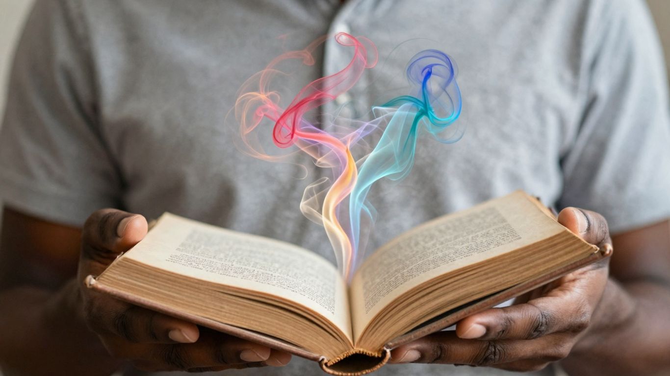 Hands holding an open book with light and smoke.