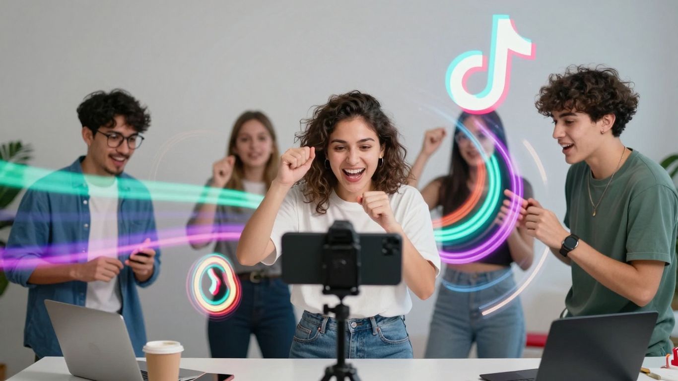 Creative individuals making TikTok videos with digital effects.