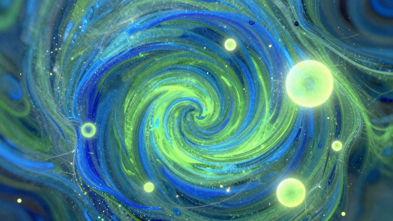 Abstract digital art with glowing orbs and light particles.