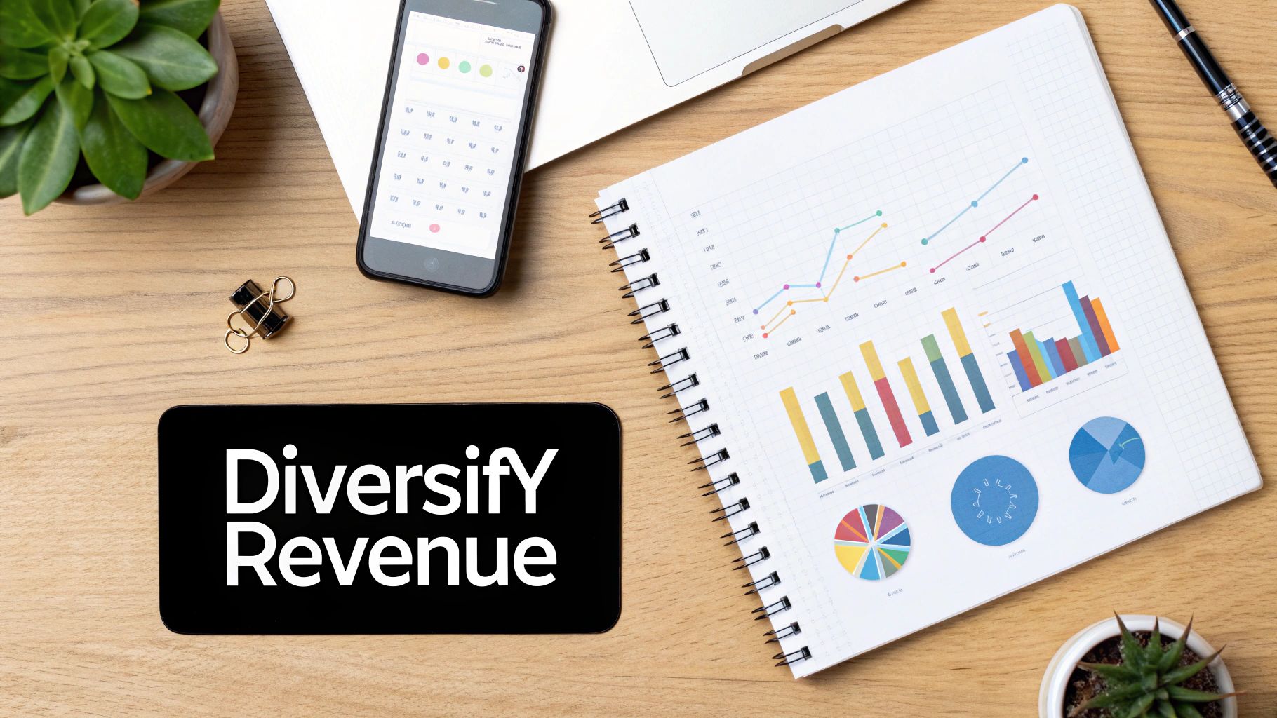 A flat lay of a desk with a smartphone displaying 'Diversify Revenue,' a notebook with graphs, and office supplies.