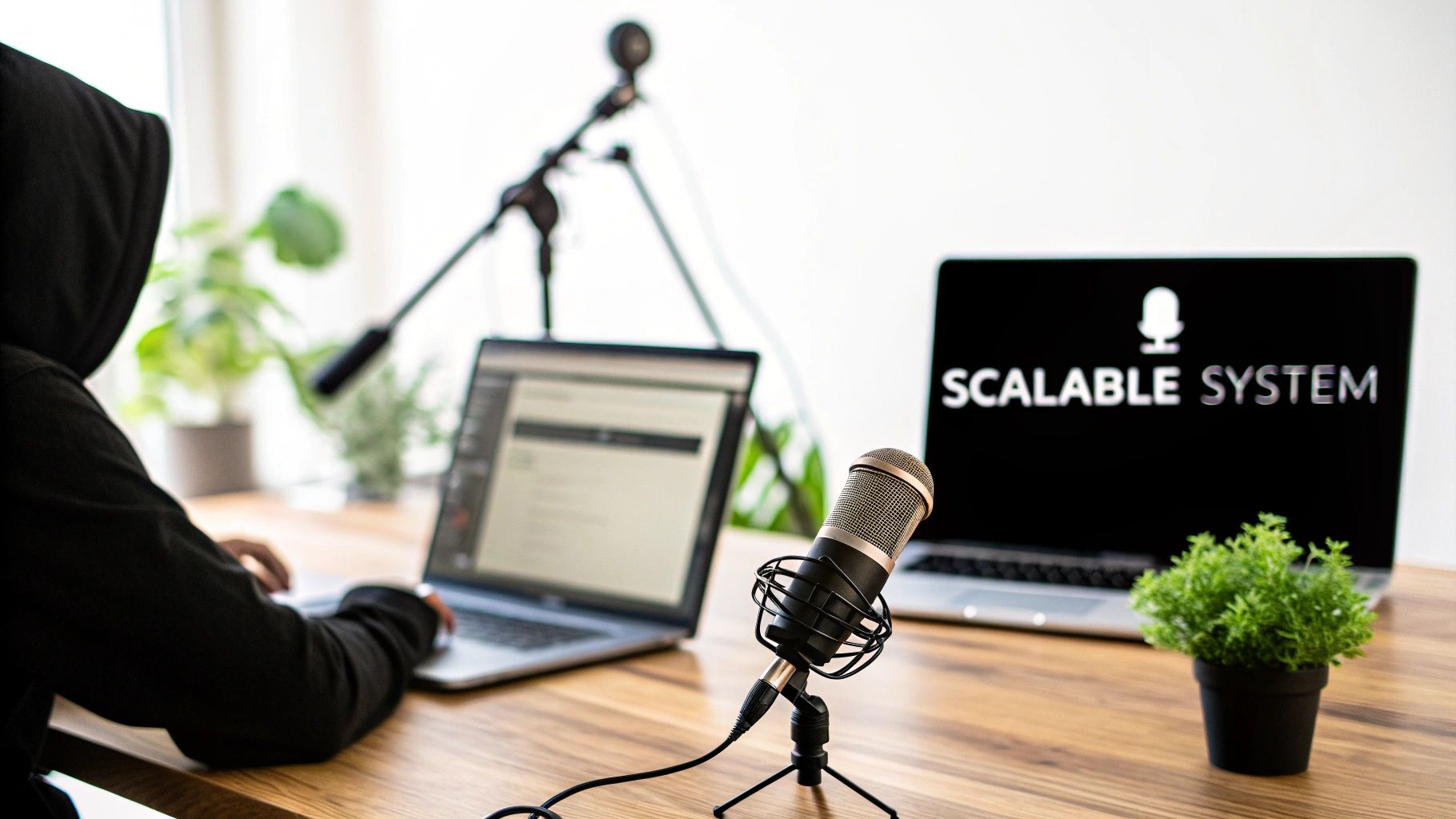 Person in a black hoodie recording a podcast at a desk with two laptops and a microphone.