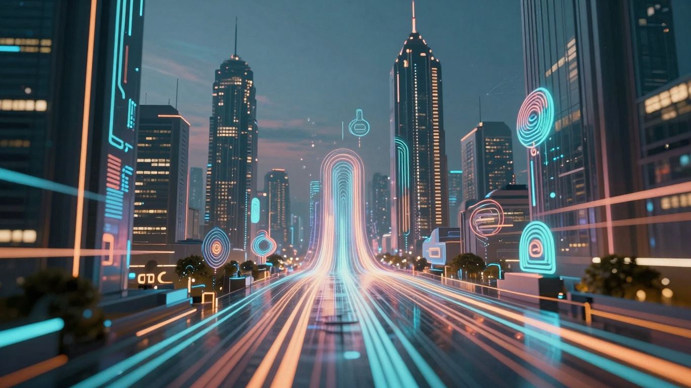 Futuristic cityscape with AI digital streams