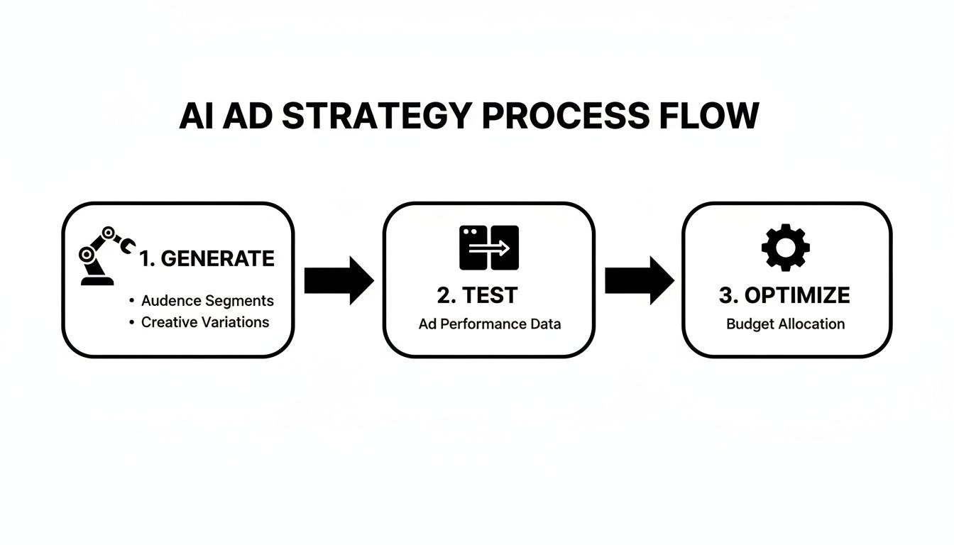 Flowchart illustrating the AI ad strategy process flow, including generate, test, and optimize steps.