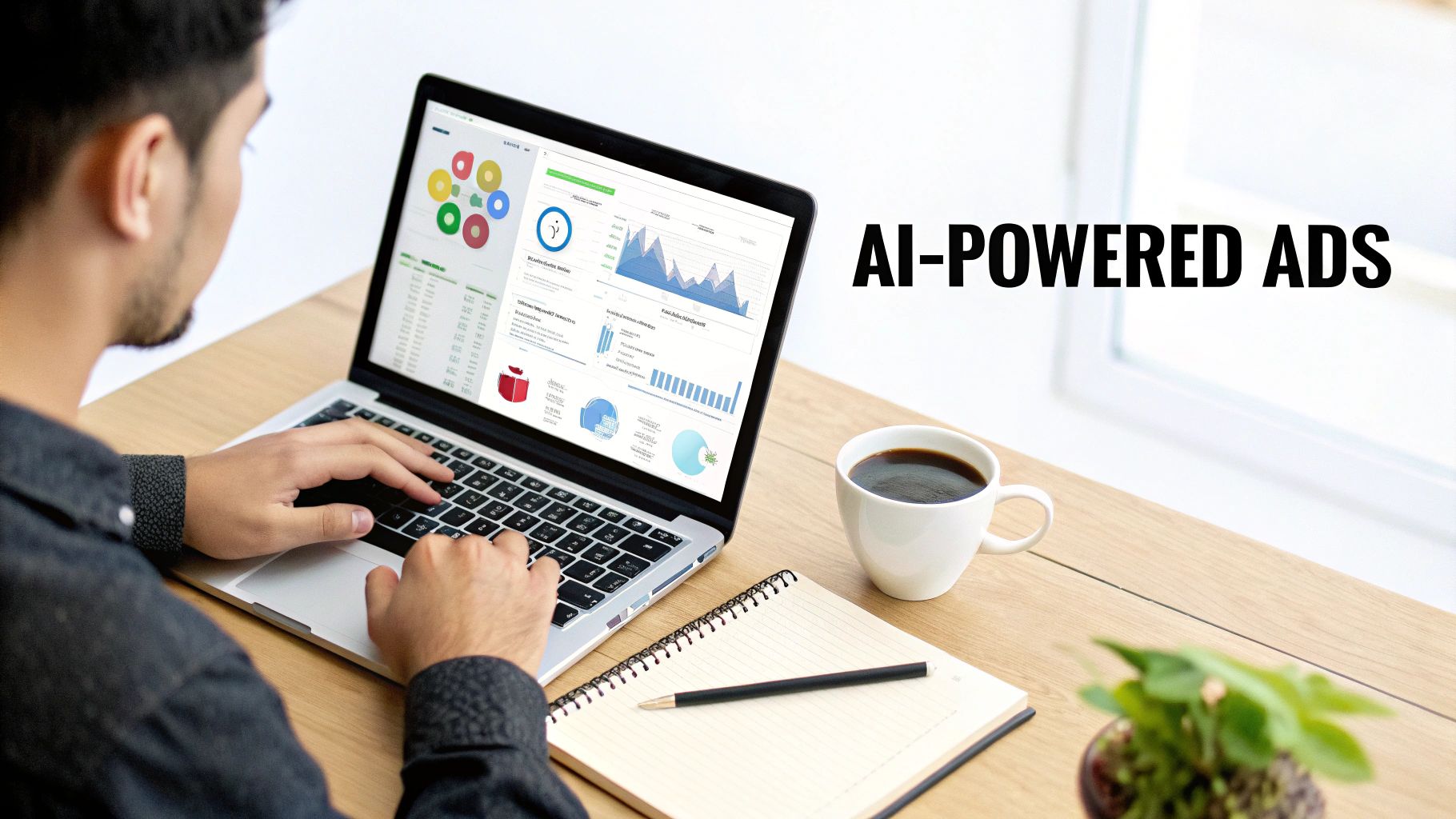 Person analyzing AI-powered ad campaign performance data on a laptop, with a coffee cup nearby.