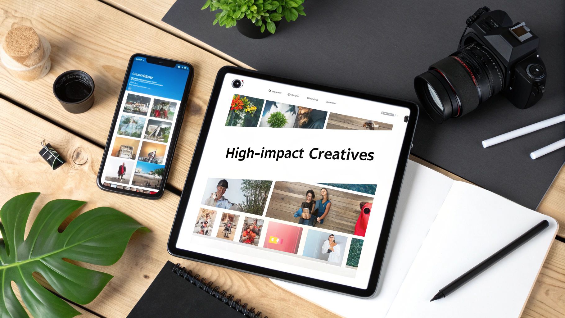 Overhead view of a digital creative workspace with tablet, smartphone, camera, notebook, and plant on wood.