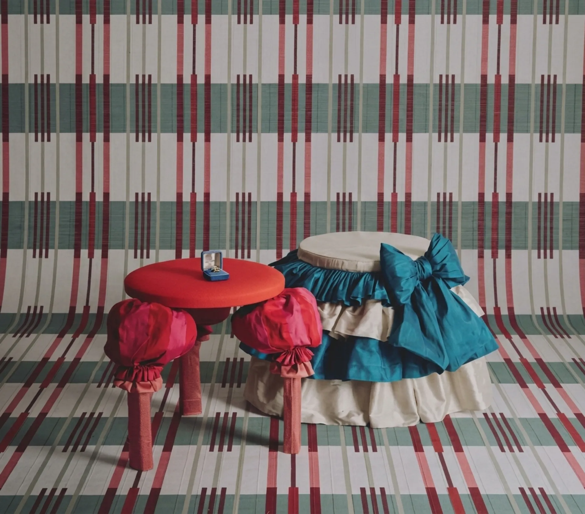 Hand-painted striped woven pinoleum in red, green and cream from the Luz de Luc Collection