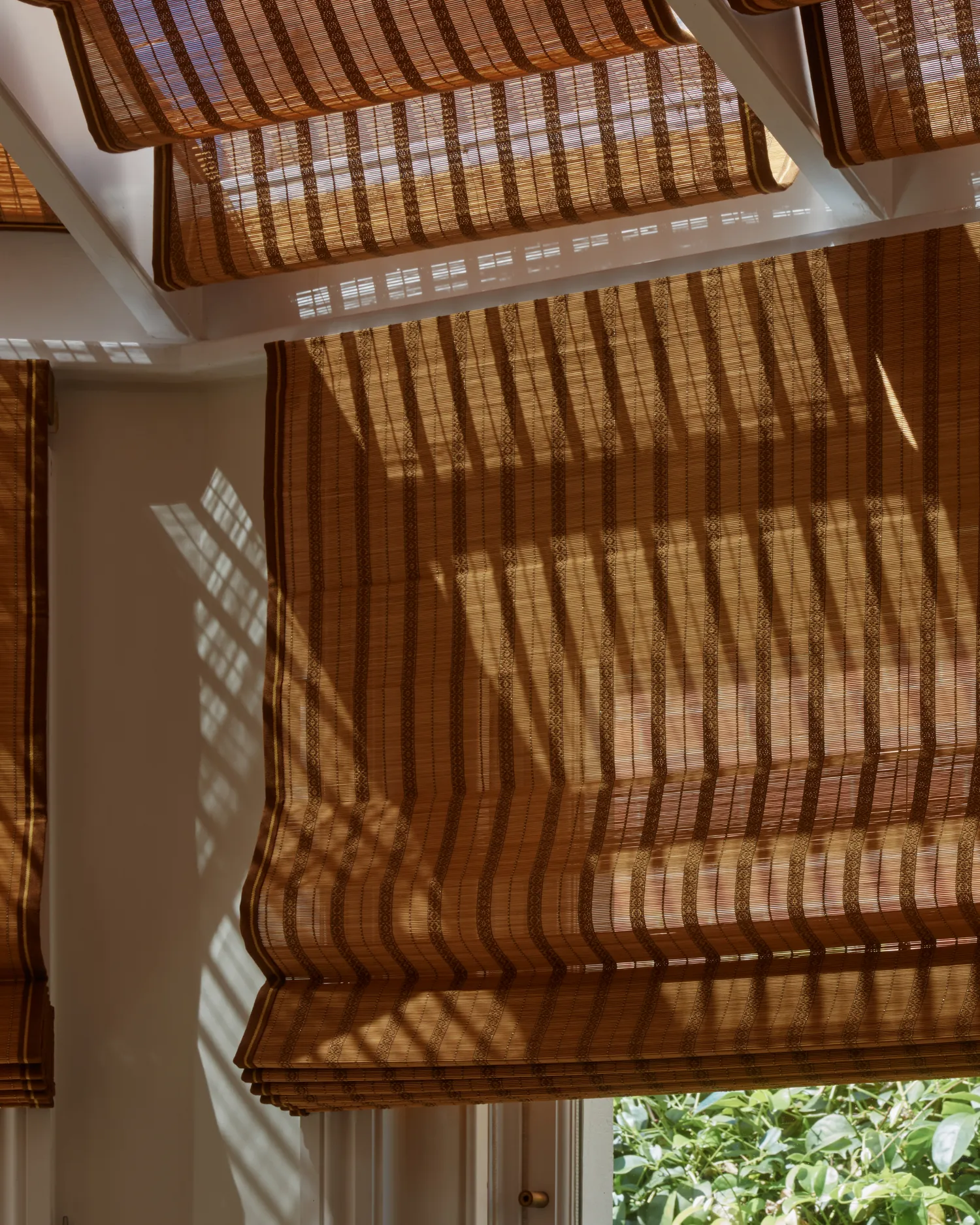 IV Hokkaido bamboo blind lowered over a garden room window with planting visible beyond