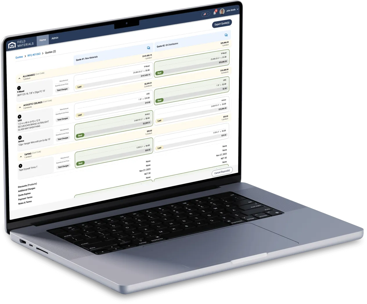 Field Materials standardizes vendor quotes and automatically analyzes them to find the best options.