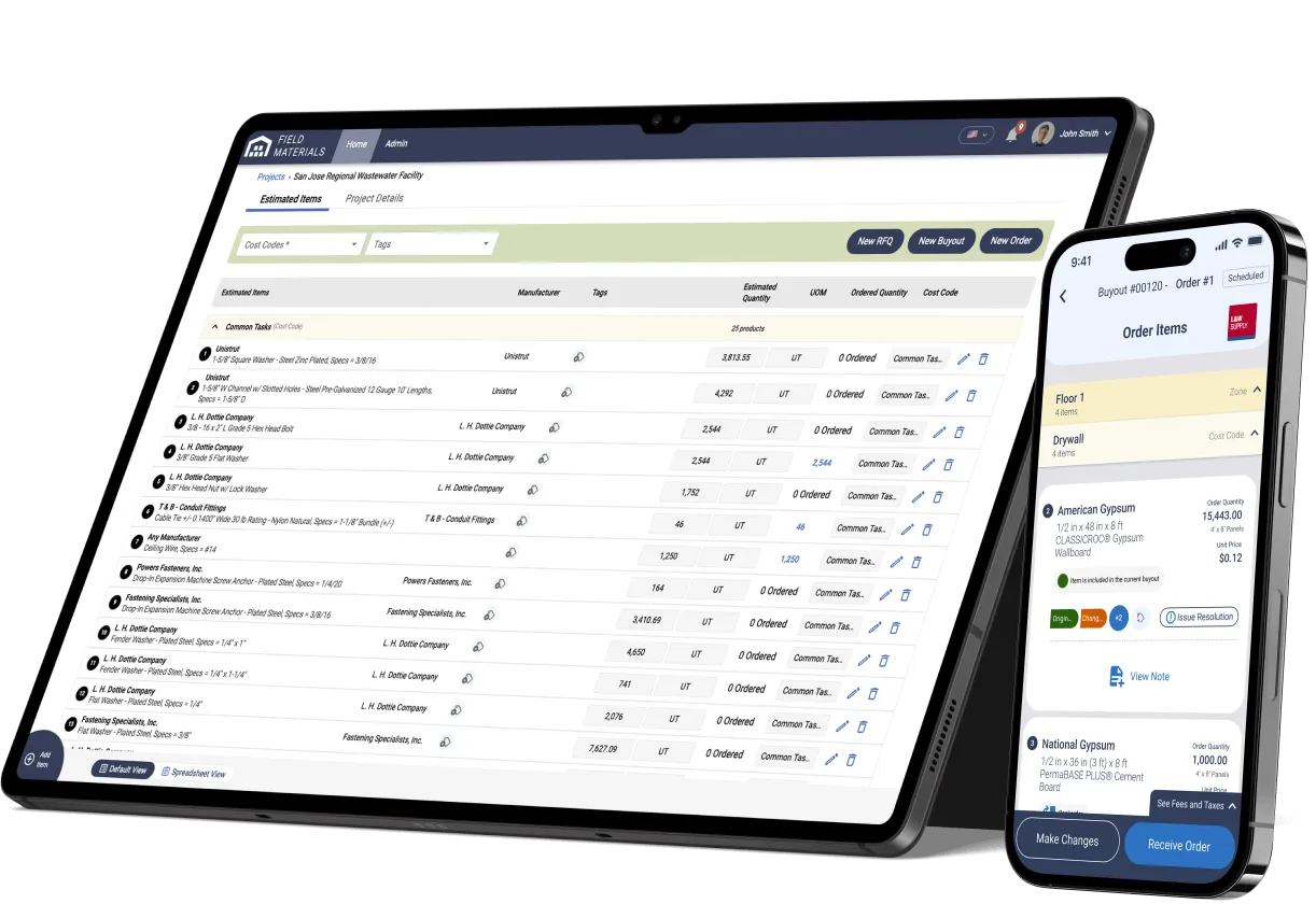 Field Materials iOS and Android apps streamline material purchasing from the field for foremen and superintendents.