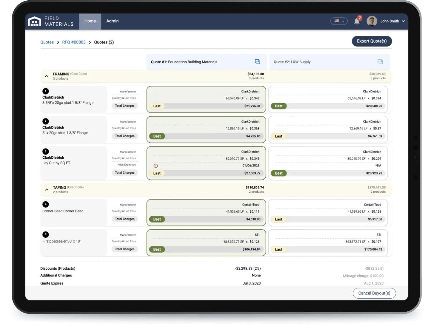 Use Field Materials to receive and compare quotes from different material vendors