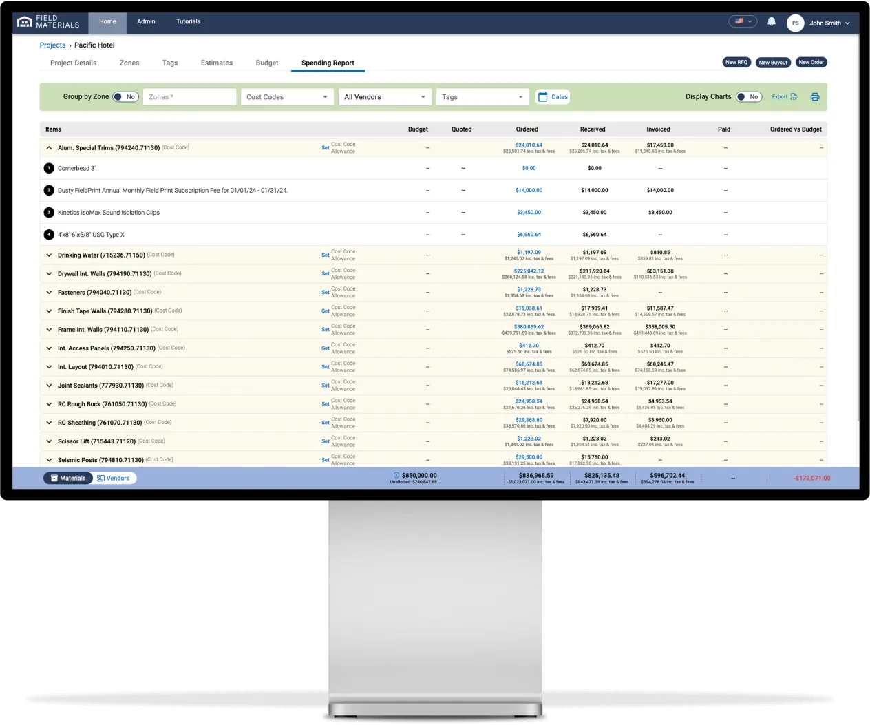See real-time job cost reports with the breakdown of ordered, received, and invoiced amounts. 