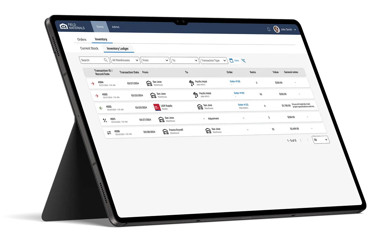Field Materials inventory module tracks the full ledger of inventory transactions: re-stock orders, transfers of leftovers from jobs, manual adjustments, transfers between warehouses