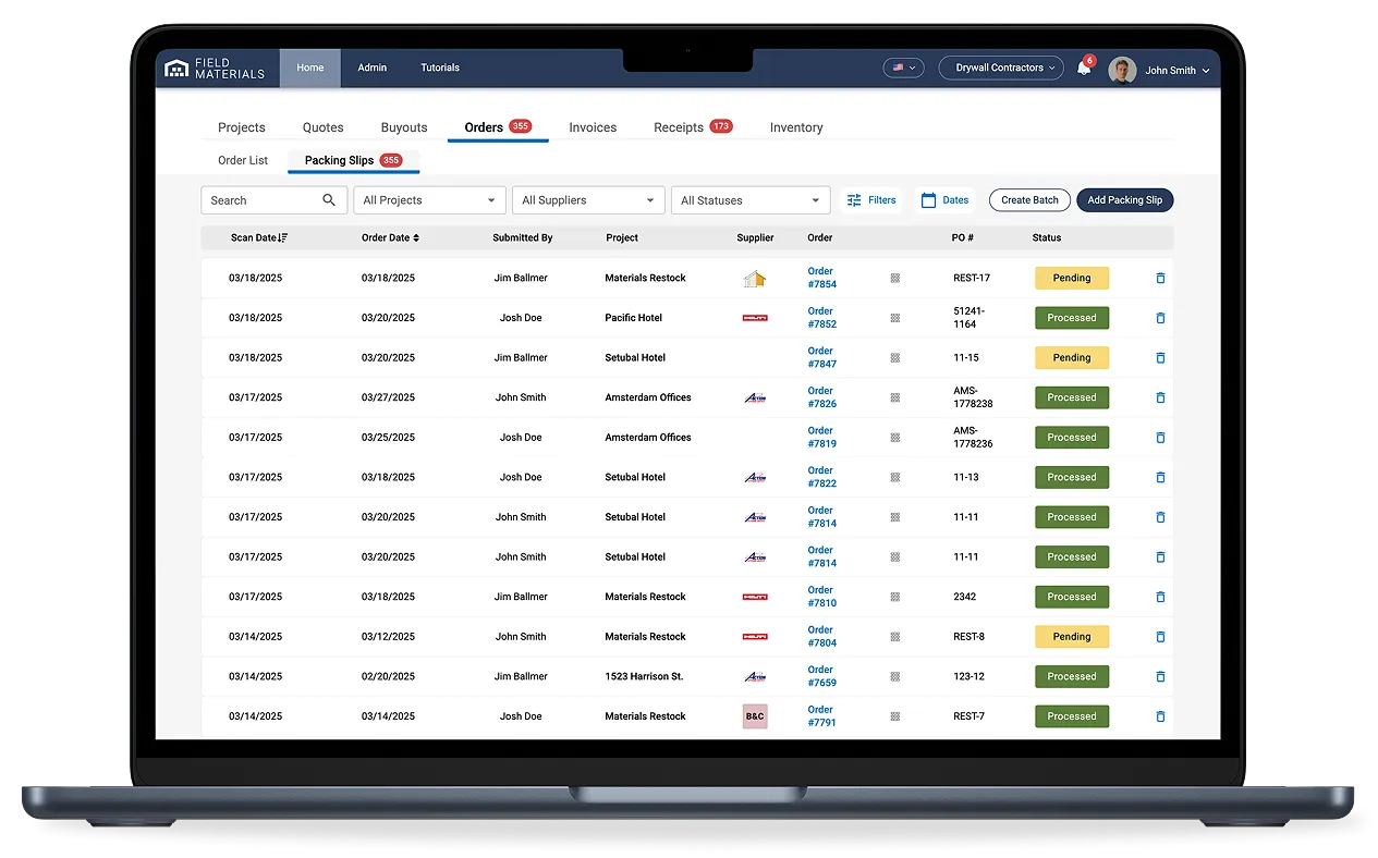 Field Materials makes it easy to capture delivery slips in the field and Track how much material was delivered in each PO.