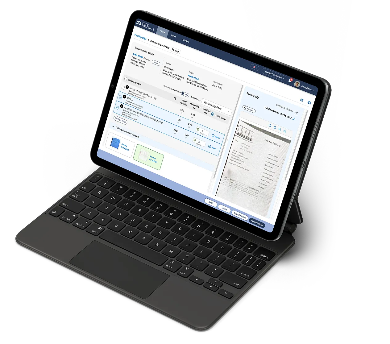 Field Materials AI reads the delivery slips, identifies the correct PO, finds matching line items in the PO, and automatically pre-fills received quantities