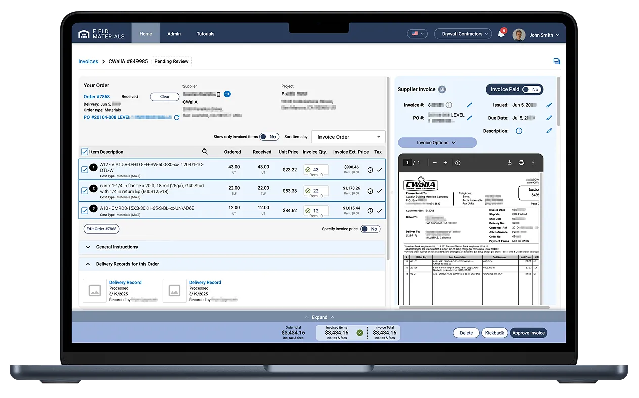 Field Materials scans vendor invoices from your email and checks them for accuracy.