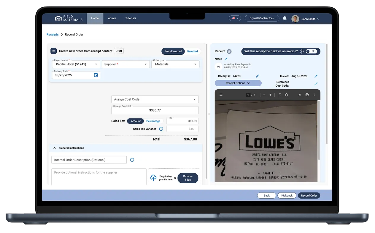 Field Materials AI reads receipts and automates their job and cost coding.
