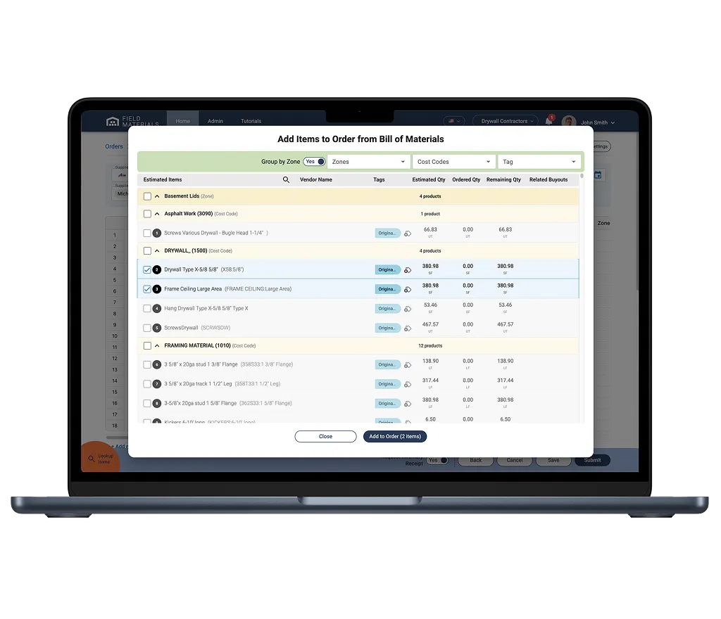 Field Materials: Adding items into a PO from project's BOM.