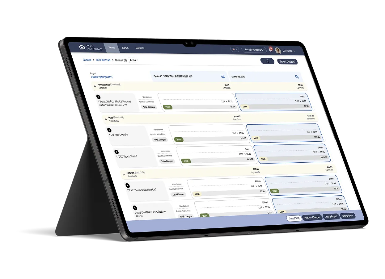 Quotes tab in Field Materials UI loaded up on large tablet's screen