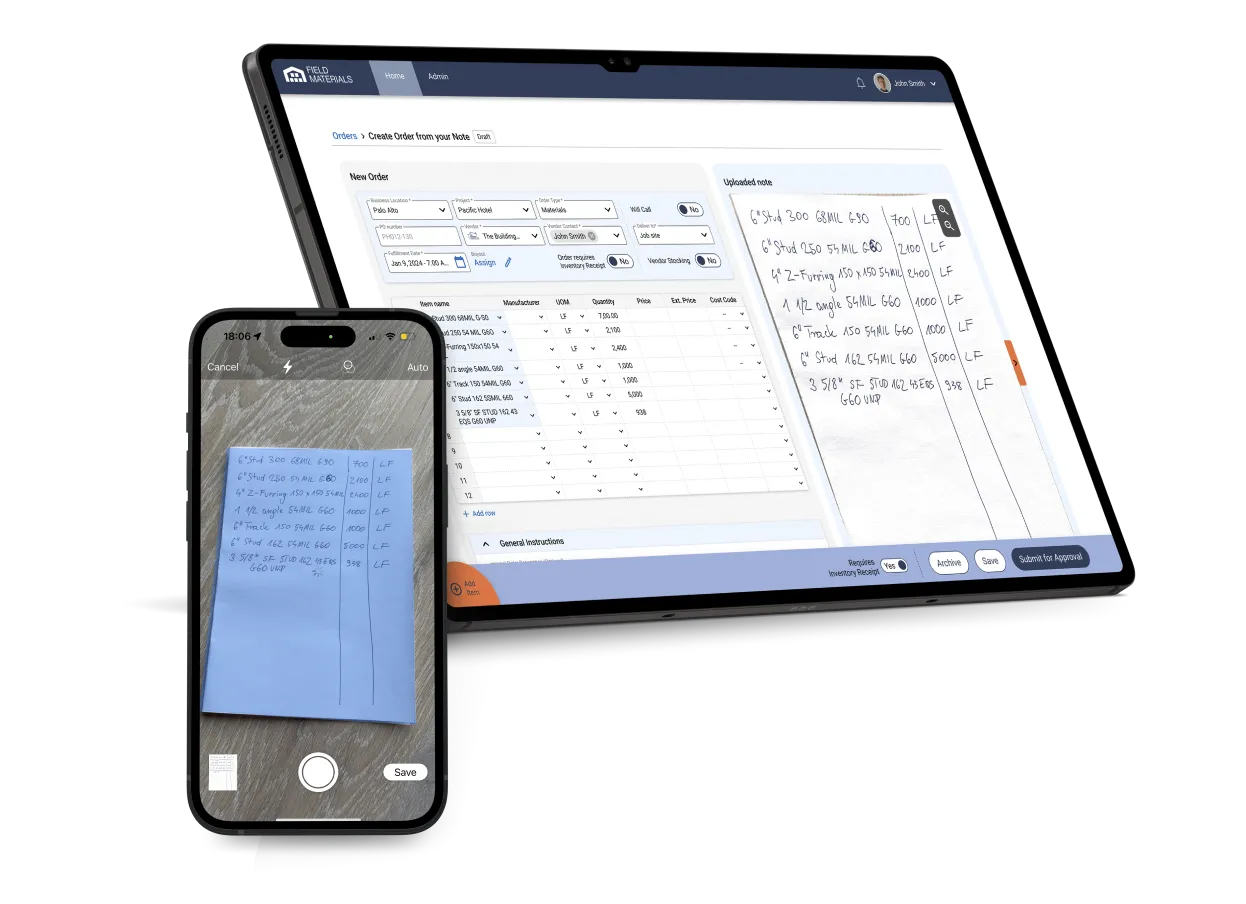 A smartphone captures an image of handwritten notes, which are displayed digitized and organized on a tablet screen in a Field Material app's interface.