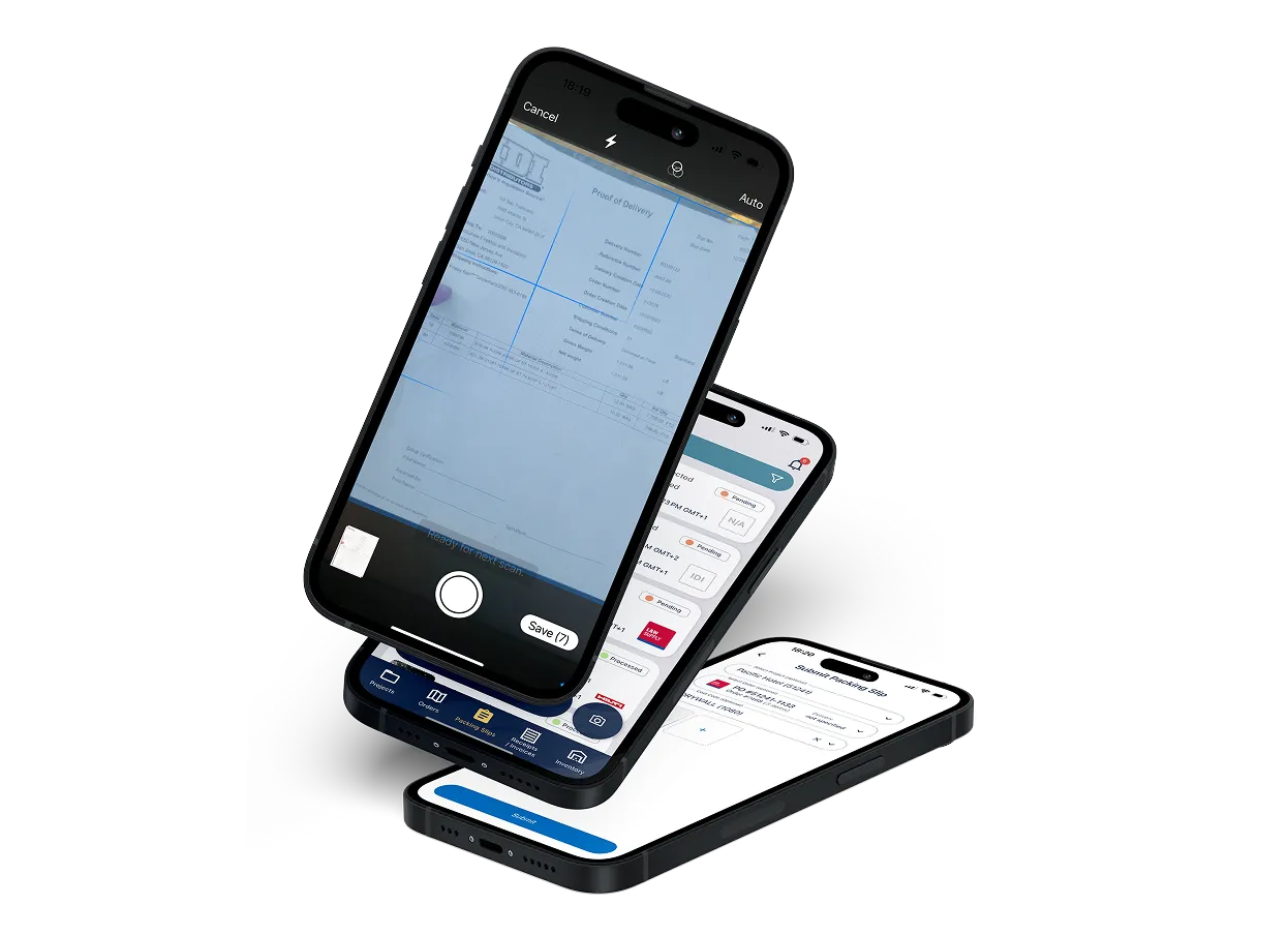 Three smartphones are stacked, each displaying different app screens: a camera app for document capture, a navigation menu, and a digital form with fields and buttons.
