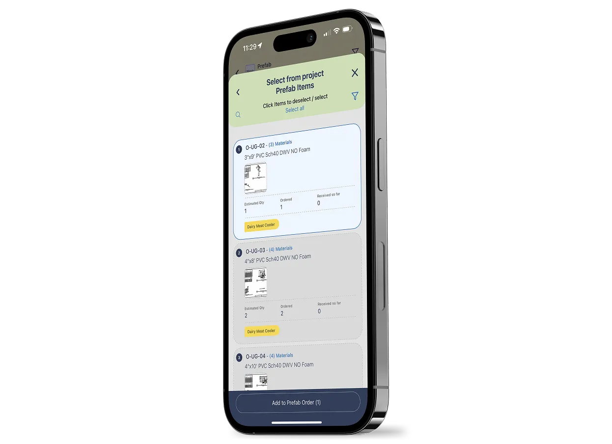 Selecting prefab items in Field Materials mobile app