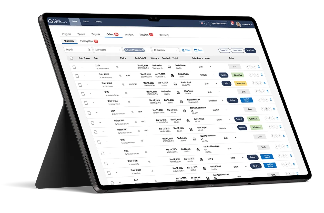 Field Materials inventory module tracks the full ledger of inventory transactions: re-stock orders, transfers of leftovers from jobs, manual adjustments, transfers between warehouses