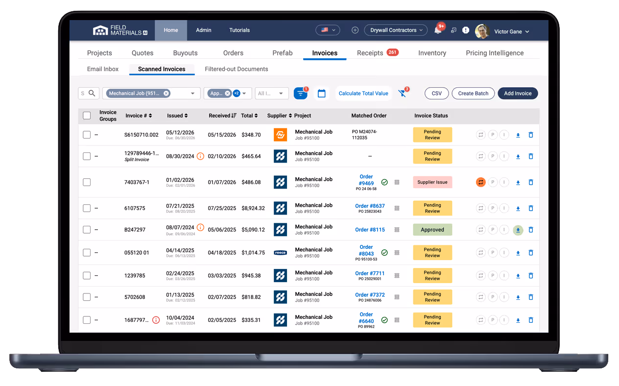 Field Materials syncs approved invoices to your accounting / ERP system eliminating any data entry.
