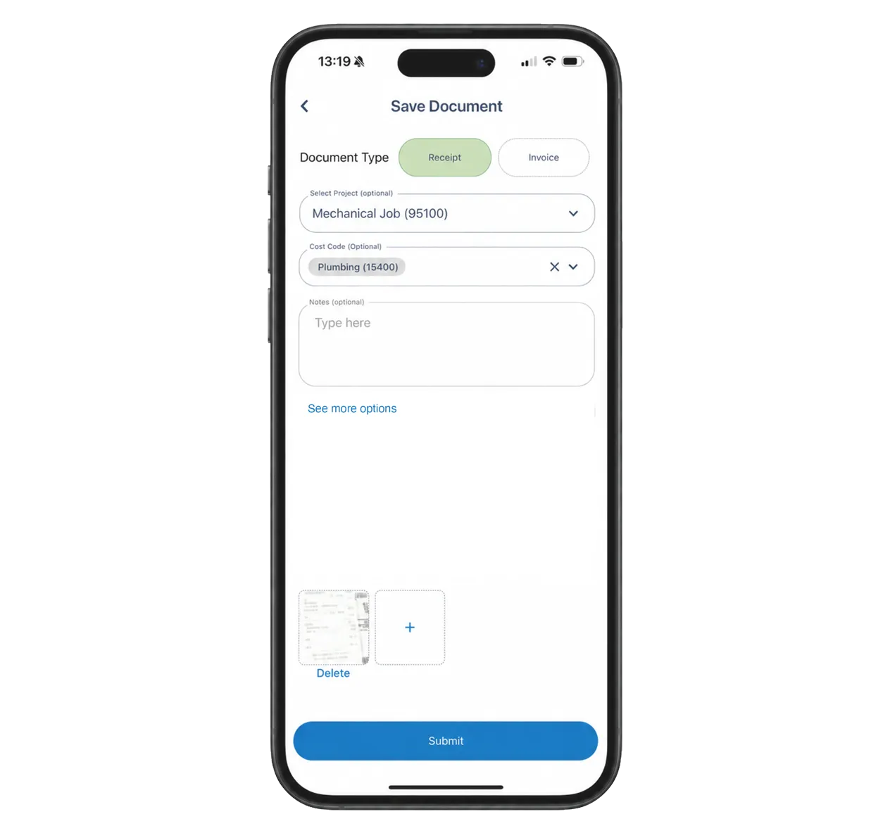 Field Materials mobile app makes it easy for field staff to tag a specific job and cost code when uploading receipts and invoices.