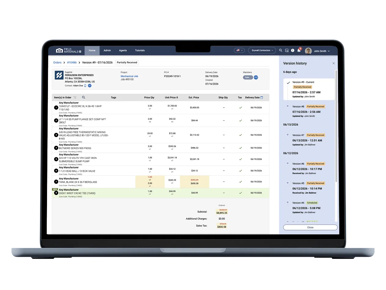 Field Materials POs support multi-tier approvals and auditable version history.