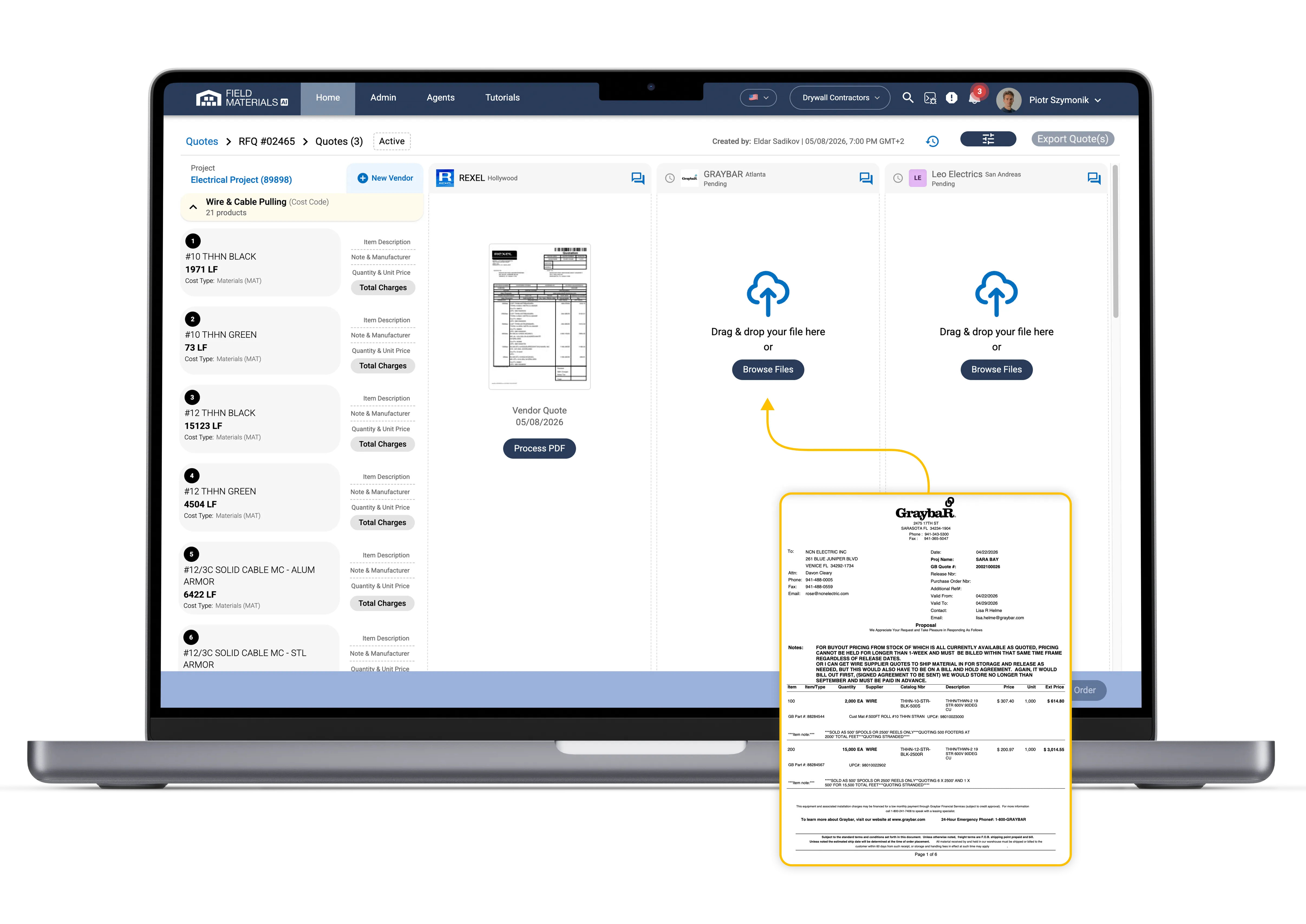 Field Materials standardizes vendor quotes and automatically analyzes them to find the best options.