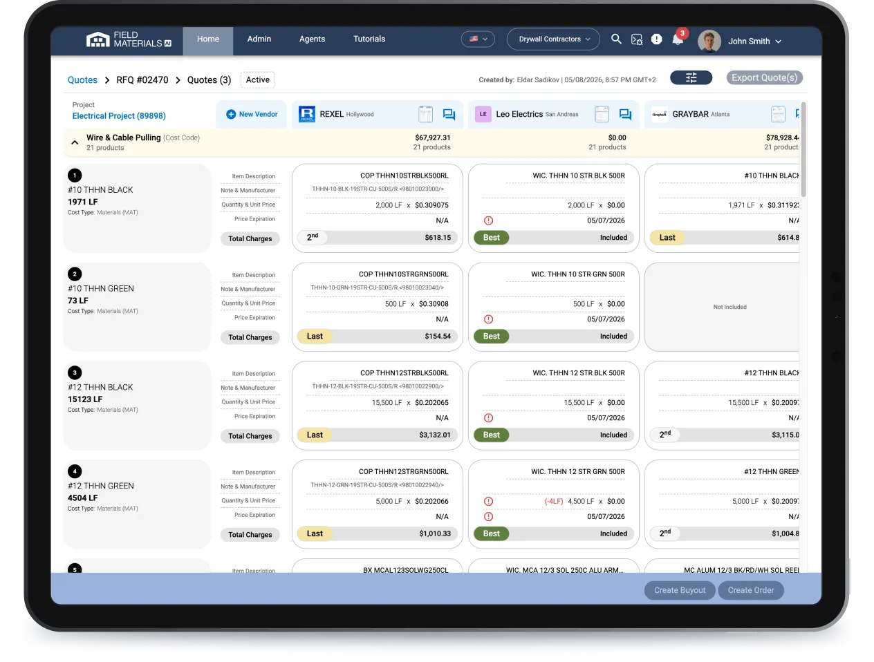 Field Materials standardizes vendor quotes and automatically analyzes them to find the best options.