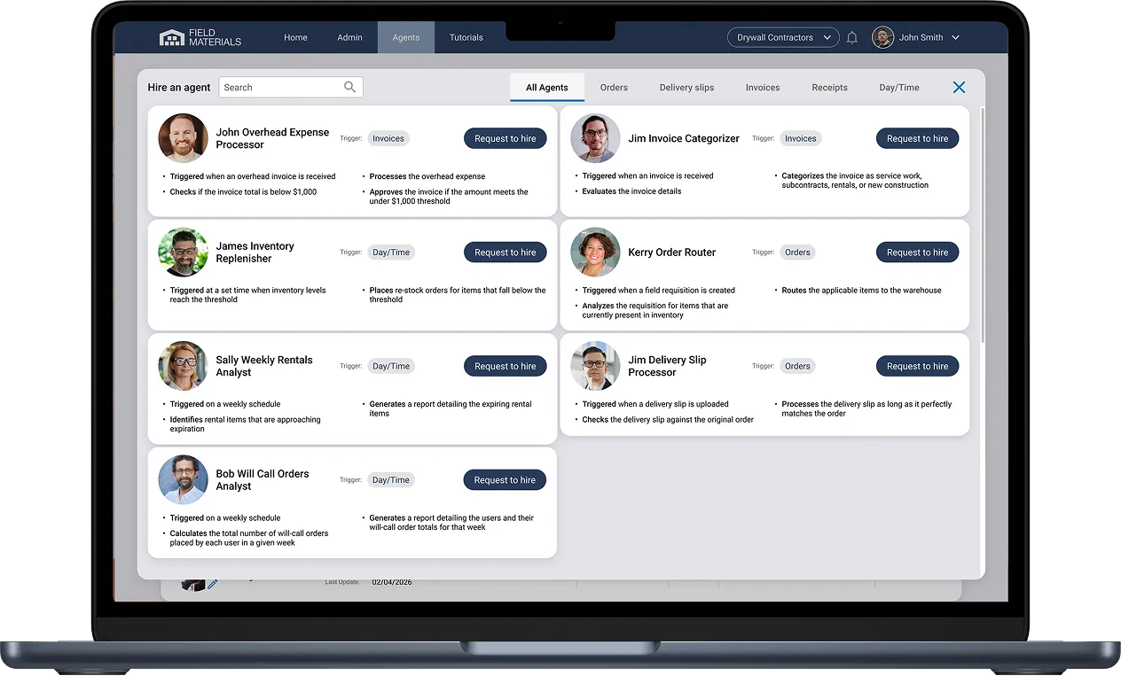 Field Materials Automation agents can process orders, delivery slips, invoices, expense receipts, or run at a specific date time.