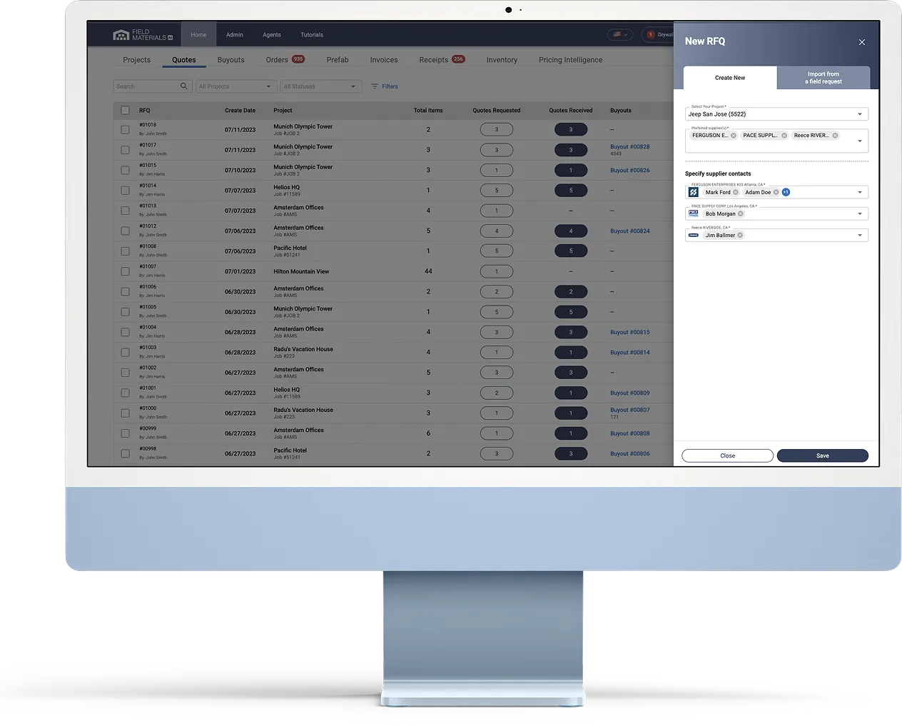 Field Materials makes it easy to request quotes from suppliers and bid level them.