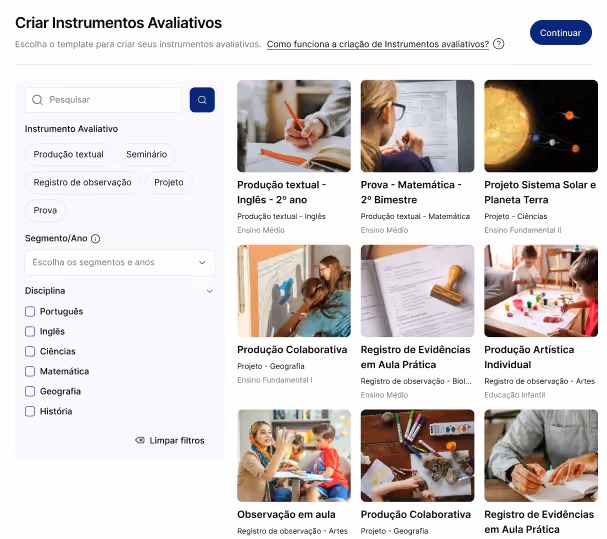 Criação de instrumentos avaliativos com filtros por disciplina