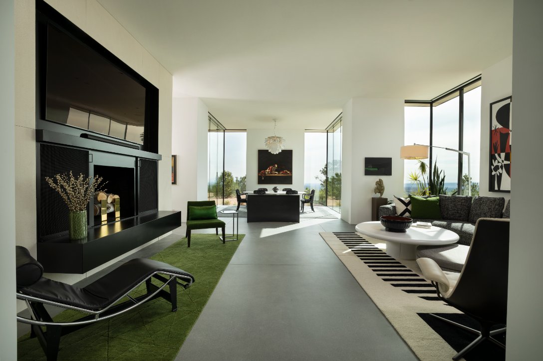 Contemporary living room with fireplace and wall-mounted TV