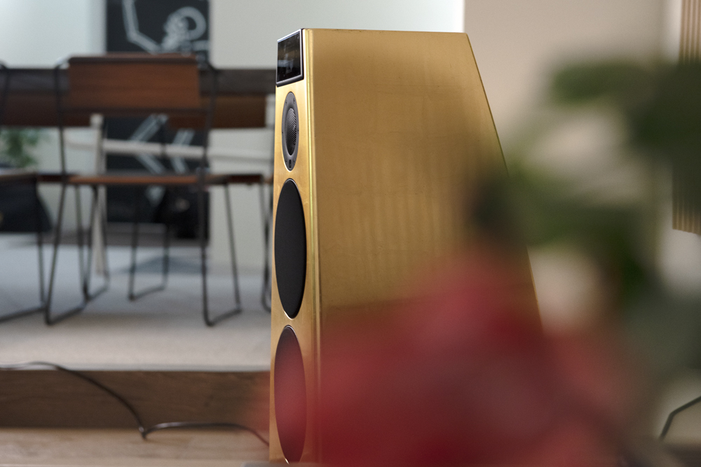 Close-up of a gold-leafed Meridian tower speaker