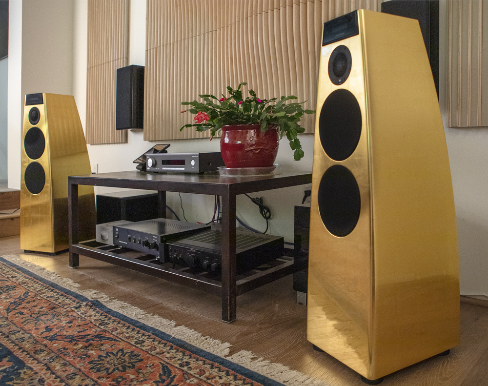 Detail of gold leaf on a Meridian speaker cabinet