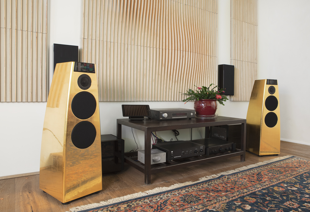 Gold-leafed Meridian speakers in the Sound Light Designs showroom