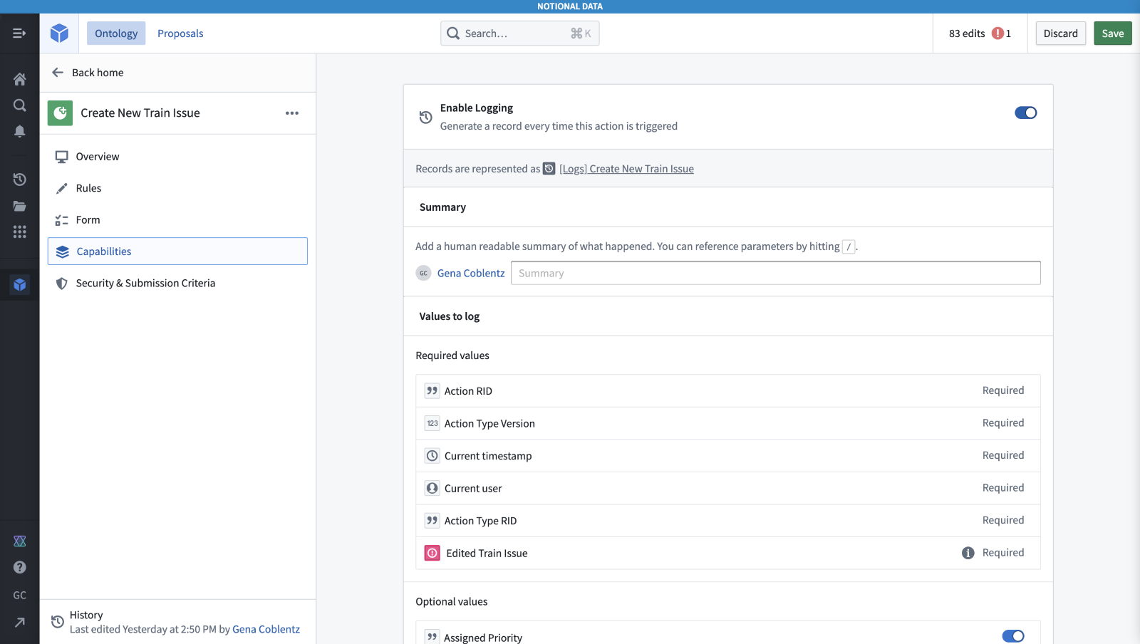 Actions logging is enabled on the Capabilities tab for an Action type in the Ontology Manager app